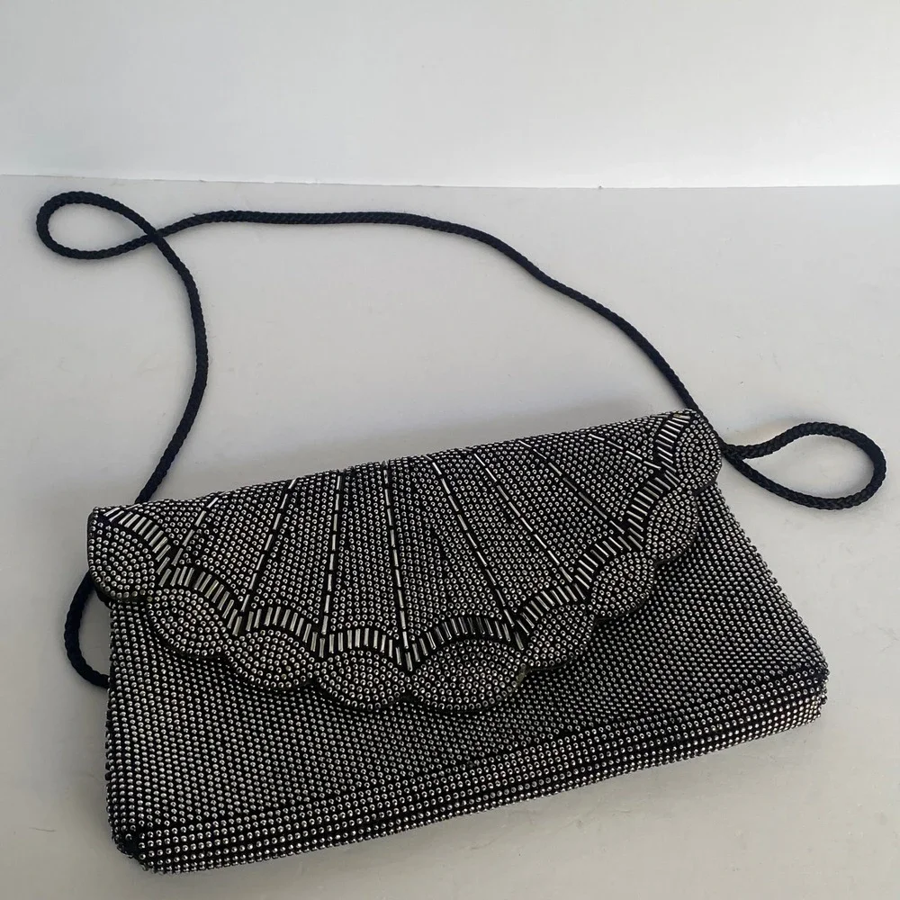 Beaded Evening Clutch Bag Womens Black Silver Scalloped Shell